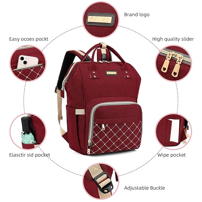 Diaper Bag Backpack, Diaper Bags for Baby Girls Boys, Baby Bags for Moms Dads, Nappy Changing Bag with Insulated Pockets,Multi-functional Waterproof Backpack with Stroller straps-Red-CubbioJoy