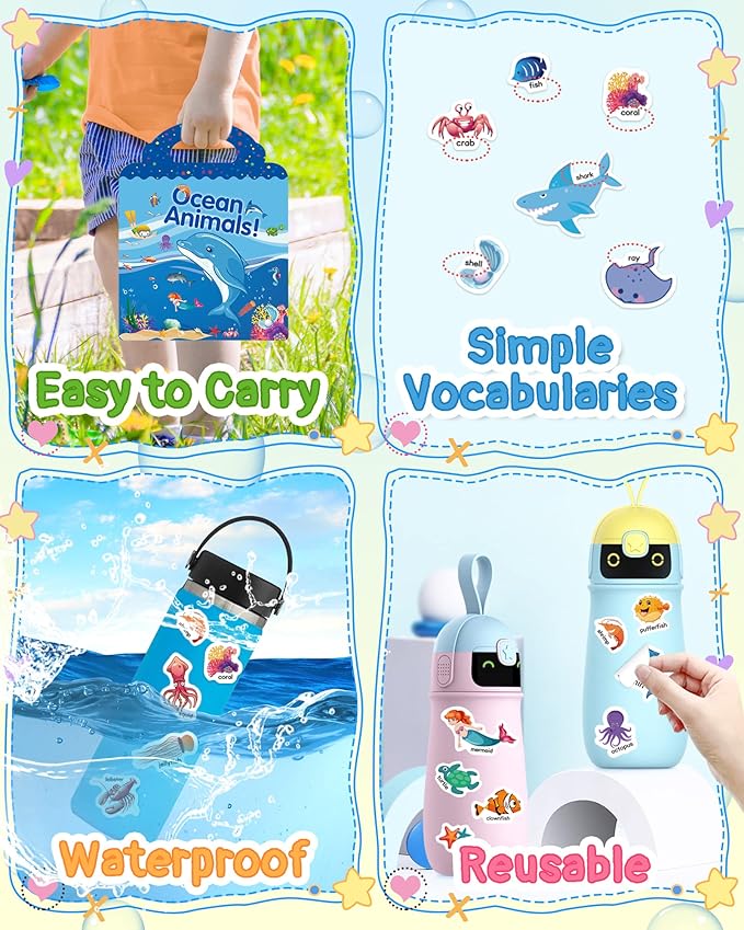 Benresive Reusable Sticker Book for Toddlers 2-4 Years, Fun Travel Stickers for Kids, Waterproof Sticker Books for Toddlers 1-3, Crafts Activities for Todddlers 1-3 2-4 3-5 - Ocean Animals-CubbioJoy