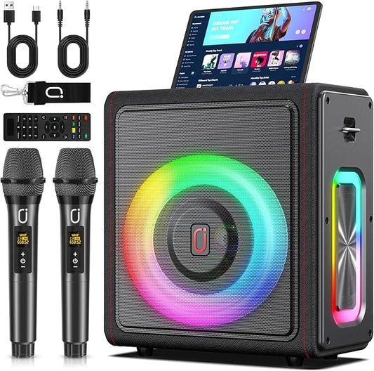 Karaoke Machine, Portable Bluetooth 5.3 Speaker with 2 Wireless Microphones for Adults, PA System with Pitch Correction & Echo Adjustment, Supports TWS/TF Card/USB/AUX/Live for Home Party-CubbioJoy