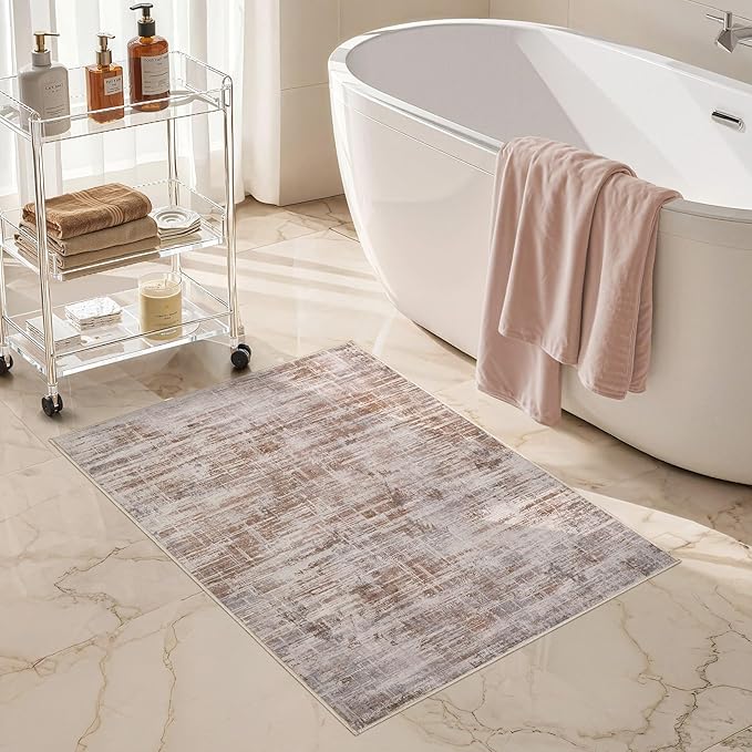 2x3 Entryway Area Rugs: Washable Neutral Abstract Small Rug Door Mat Non-Slip Soft Low Pile Indoor Carpe for Entrance Kitchen Front Door Bathroom Entry Kids Room - Red Brown-CubbioJoy