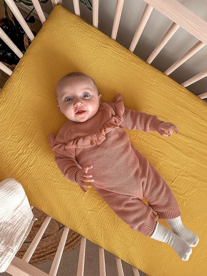 Bassinet Sheet for Baby Boy and Girl 2 Pack, Fitted Sheets for Rectangle, Oval, Hourglass Bassinet Mattress, Muslin Moses Basket Sheets with Neutral Style (Beige & Mustard Yellow)-CubbioJoy