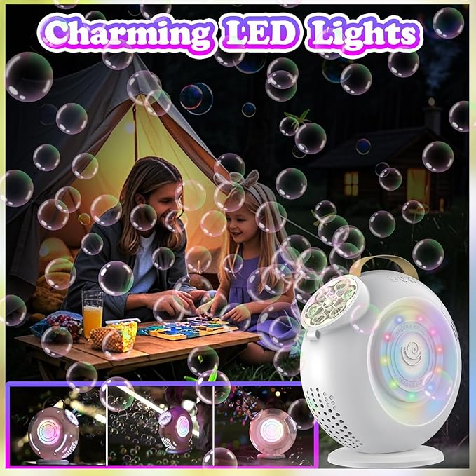 Bubble Machine, Automatic Bubble Maker Rechargeable, 15000+ Big Bubbles per Min, Colorful LED Lights, 90° 360° Rotatable Portable Electric Bubbles Toy for Kids Toddlers, Outdoor Wedding Party Gifts-CubbioJoy