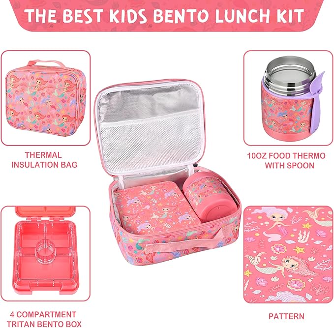 Bento Lunch Box Set With 10oz Soup Thermo, Leak-proof Lunch Containers with 4 Compartment, Kids Hot Thermo Food Jar/Insulation Lunch Bag, Food Containers for School（Mermaid）-CubbioJoy