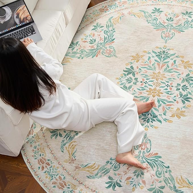 jinchan Round Rug 4ft Area Rugs Vintage Floral Distressed Design,Machine Washable Soft Non-Slip Low-Pile Ultra-Thin Circle Rug for Entryway Bedside Living Room Kitchen Nursery (4' Round,Apricot Multi)-CubbioJoy