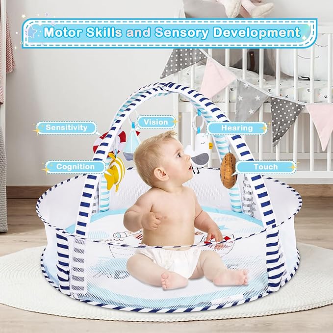 Baby Play Mat, 4-in-1 Baby Play Gym Tummy Time Mat with Ball Pit and 5 Detachable Toys for Newborn to Develop Sensory Exploration and Motor Skill 0-6-12 Months-CubbioJoy