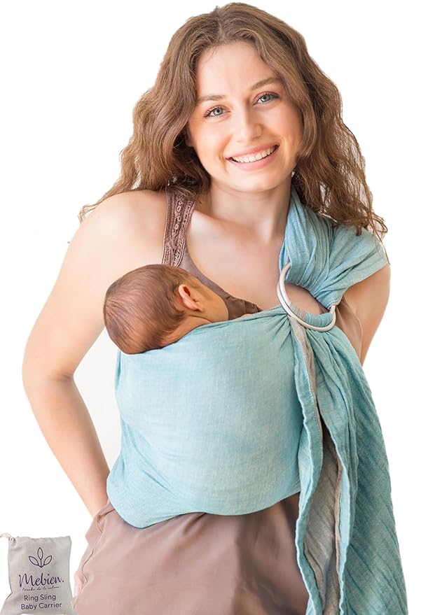 Baby Sling Carrier – Breathable 100% Cotton Wrap for Infant Support, Ring Sling Baby Carrier – Grey Turquoise Adjustable Muslin Fabric – Soft Chest Hold for Travel-CubbioJoy