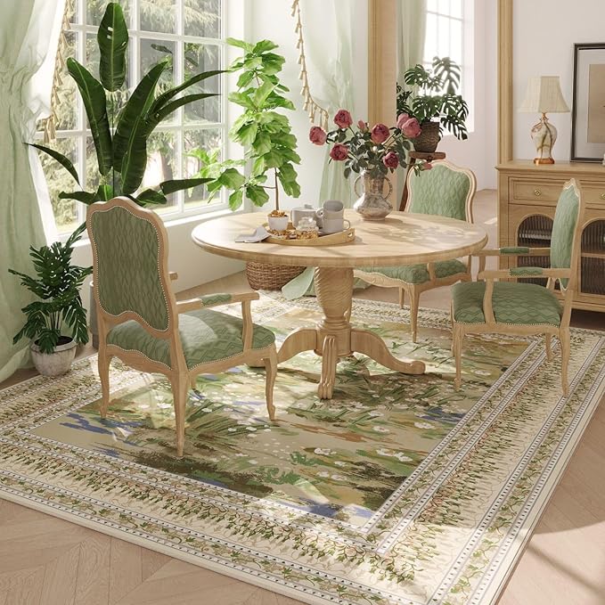 Area Rugs 8x10 Clearance Impressionist-Style Vintage Washable Area Rug Non Slip Low Pile Large Rug for Bedroom Farmhouse Dining Room Kids Playroom, Beige-CubbioJoy