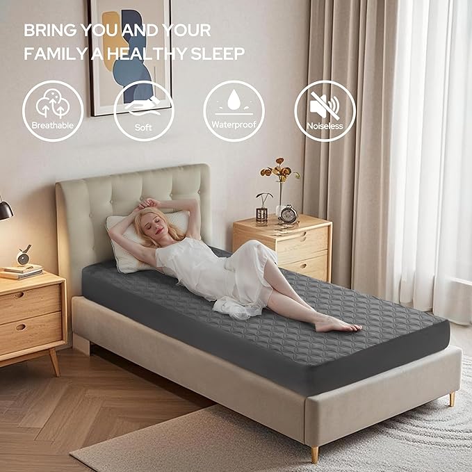 2 Pack Waterproof Mattress Protector, Twin XL Size Mattress Pad with Deep Pocket 6"-15" Depth, Soft Breathable Dirt-Proof Single Bed Mattress Cover for Bedroom, Dorm Room (Gray)-CubbioJoy