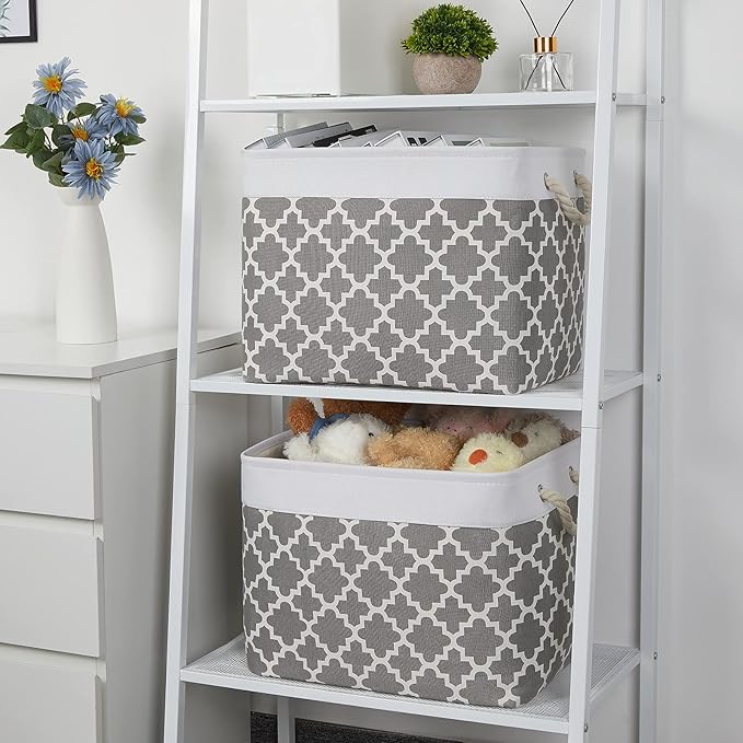 Bidtakay Large Fabric Storage Basket Set of 2 Collapsible Rectangle Basket for Shelves 16" X 11.8" X 11.8" Decorative Organizer Bins for Clothes Toys(White&Quatrefoil Grey)-CubbioJoy