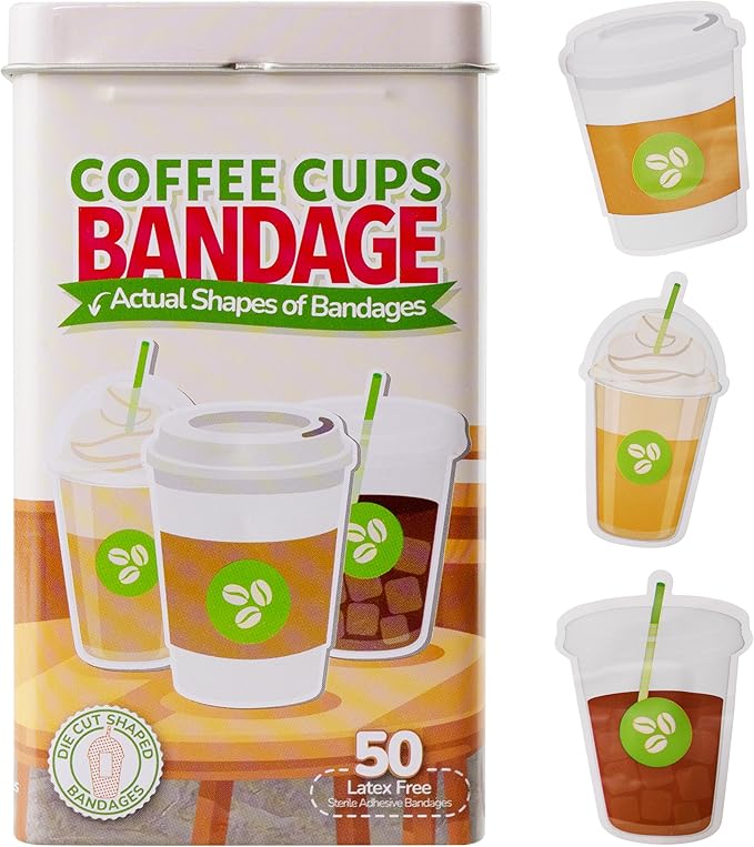 BioSwiss Bandages, Coffee Cup Shaped Self Adhesive Bandage, Latex Free Sterile Wound Care, Fun First Aid Kit Supplies for Kids, 50 Count-CubbioJoy