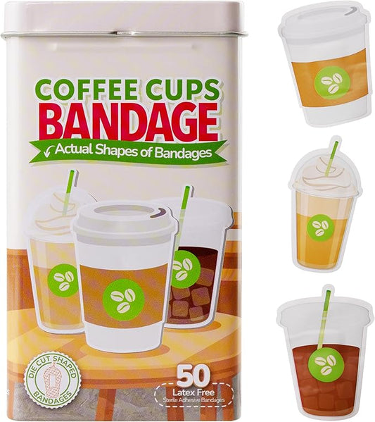 BioSwiss Bandages, Coffee Cup Shaped Self Adhesive Bandage, Latex Free Sterile Wound Care, Fun First Aid Kit Supplies for Kids, 50 Count-CubbioJoy