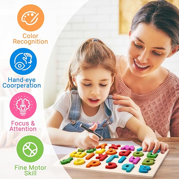 Alphabet Puzzle Wooden Puzzles for Toddlers 3 4 5 Year Old, ABC Puzzle Shape Alphabet Learning Puzzles Toys with Puzzle Board & Letter Blocks for Preschool Girls Boys Lowercase Letter Puzzle-CubbioJoy