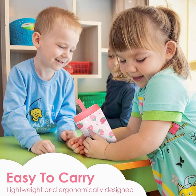 Kid Insulated Stainless Steel Tumbler with Silicone Straw, 12oz Sippy Cup for Kids (Strawberry)-CubbioJoy