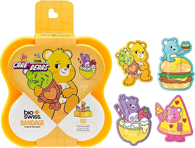 BioSwiss Care Bears Bandages, Sweet and Sour Care Bear Shaped Self Adhesive Bandage, Latex Free Sterile Wound Care, Fun First Aid Kit Supplies for Kids, 50 Count-CubbioJoy