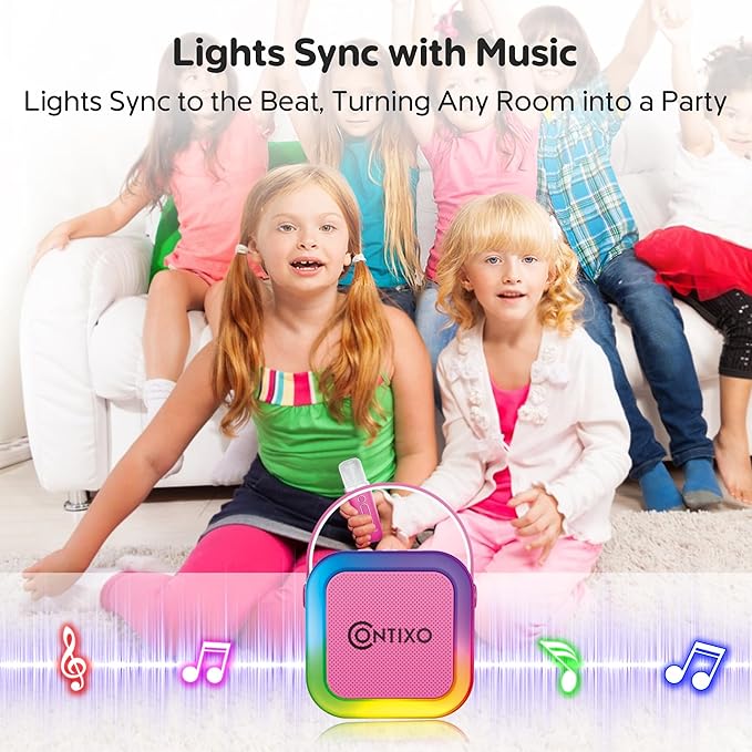 Contixo KS1A Kids Mini Karaoke Machine with LED Lights, 7–10H Playback, Dual Wireless Mics, Magic Voice Effects, Bluetooth Speaker for Children, Portable Singing Toy Gift for Boys & Girls, Pink-CubbioJoy