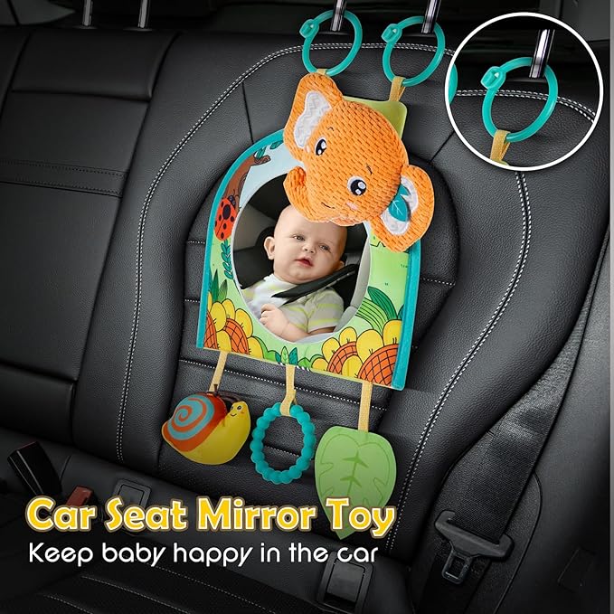 Car Seat Toy, Baby Car Mirror Toy for Rear Facing, Travel Baby Activity Center with Hanging Engaging Toys for Infants Babies 0-6-12-18 Months Boy Girl-CubbioJoy