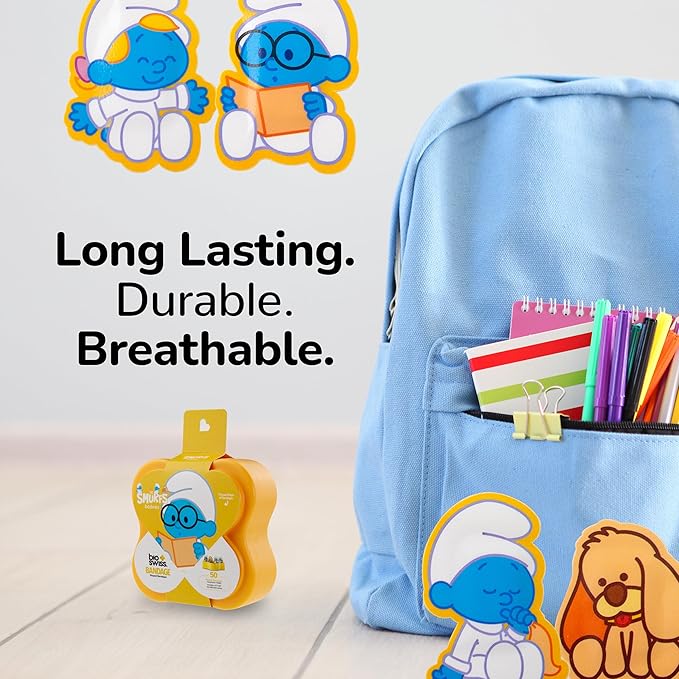 BioSwiss Bandages, The Smurfs Baby Smurf Shaped Self Adhesive Bandage, Latex Free Sterile Wound Care, Fun First Aid Kit Supplies for Kids and Adults, 50 Count Case-CubbioJoy