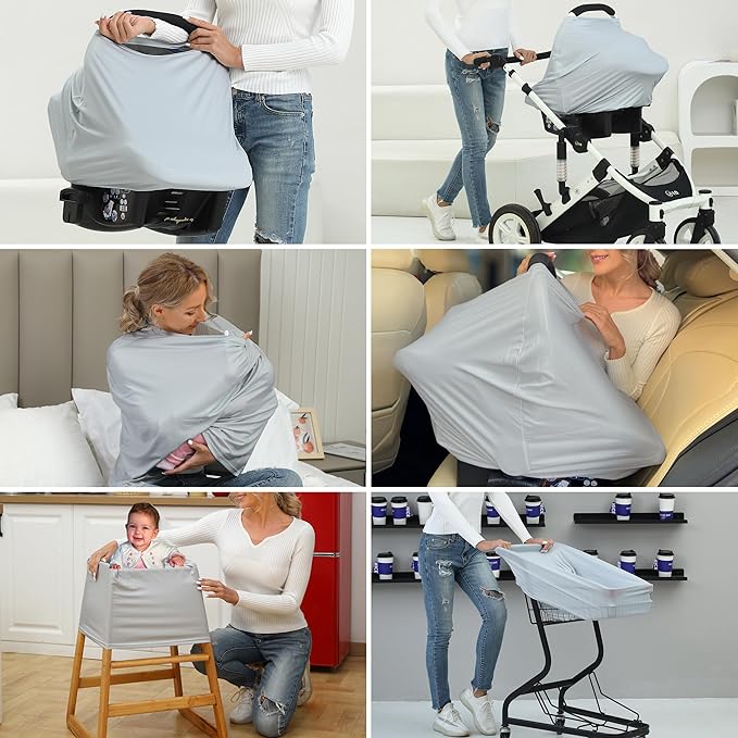 Breathable Car Seat Cover for Babies – Multi-Purpose Soft Rayon Nursing Cover for Breastfeeding, High Stretchy Infant Carseat Canopy, Stroller Cover (Smooth Rayon, Light Grey)-CubbioJoy