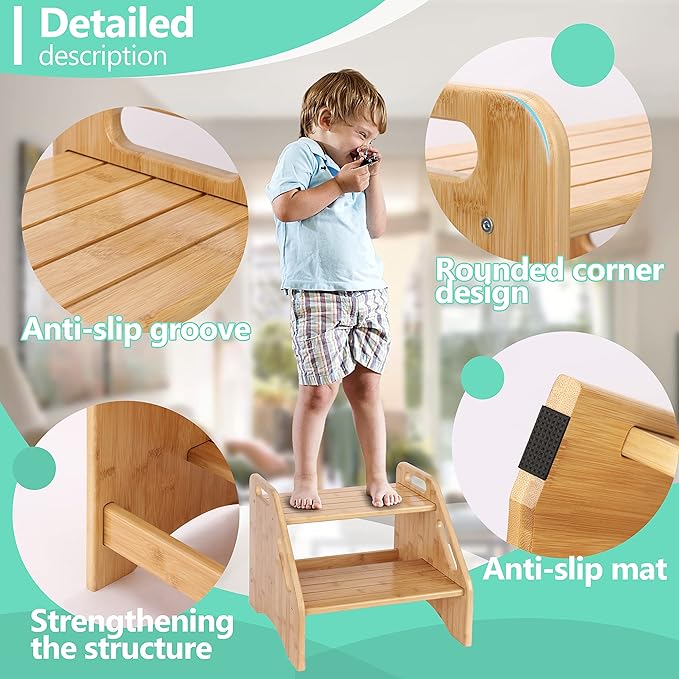 AMBIRD Wooden Step Stool, Two Step Stools Toddler 300 lbs Capacity with Safety Non-Slip Pads and Handles, Bamboo Step Stool for Bathroom, Kitchen Dual Height Step Stools for Kids (Natural)-CubbioJoy