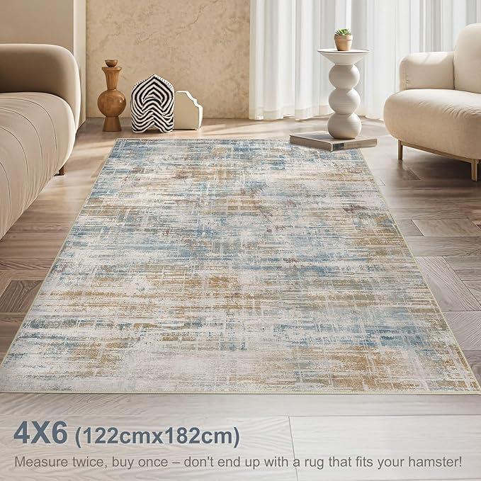 Area Rug for Living Room: 4x6 Washable Neutral Abstract Modern Soft Rugs Non Slip Indoor Floor Stain Resistant Carpet for Bedroom Dining Room Office Nursery - Blue Brown-CubbioJoy