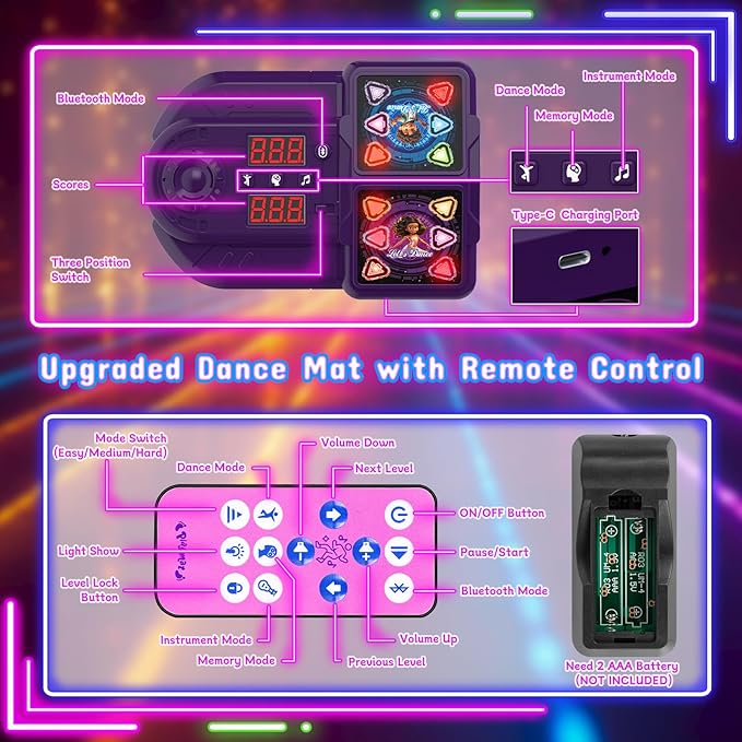 Dance Mat, 2025 Rechargeable Light-Up 2-Player Opposing Dance Pad with Bluetooth, 12-Button Music Dancing Toy, Christmas Birthday Gift for 3-12 Year Old Boys Girls-CubbioJoy