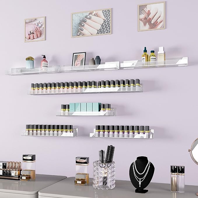 4 Pack 15 Inch Clear Acrylic Shelves, Clear Kids Floating Bookshelf for Kids Room, Modern Nail Polish Rack Sunglasses Essential Oil Picture Ledge Display Toy Storage Wall Shelf-CubbioJoy