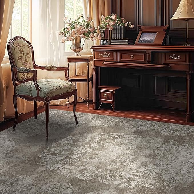 jinchan Washable Area Rug 8x10 for Living Room - Soft Faux Wool Ultra-Thin Stain Resistant Non-Slip Distressed Vintage Floral Large Carpet for Bedroom,Dining Room,Home Office,Nursery(Brown, 8'x10')-CubbioJoy