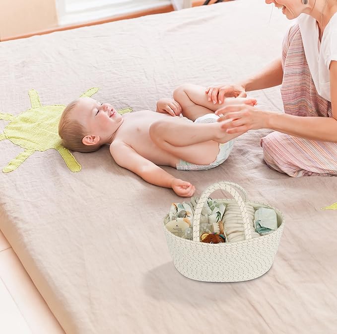 Diaper Caddy Organizer Cotton Rope Baby Basket Nursery Storage and Portable Tote Bag for Car Ideal Baby Shower Gifts and Registry Must-Have for Newborn Essentials Large striped-CubbioJoy