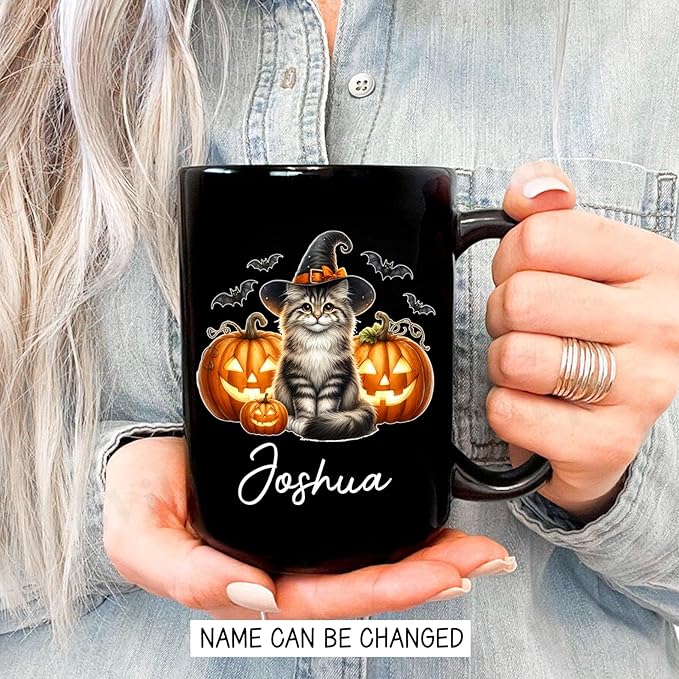 Customized Siberian Wearing Witch Hat Coffee Cup with Name, Personalized Siberian Cat Pumpkins Ceramic Mugs 11oz 15oz, Halloween Cat Cup Gift for Dad Mom Kid, Pet Owner Halloween Black Mug-CubbioJoy