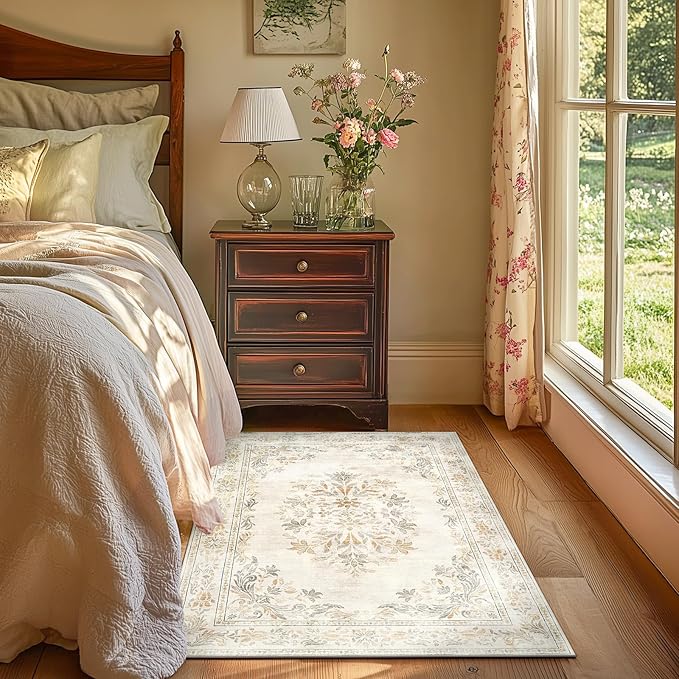 jinchan Vintage Floral 3x5 Area Rugs for Entryway - Machine Washable Distressed Design Ultra-Thin Low-Pile Soft Non-Shedding Carpet for Kitchen Bedroom Entrance Laundry Living Room (3x5ft,Light Grey)-CubbioJoy