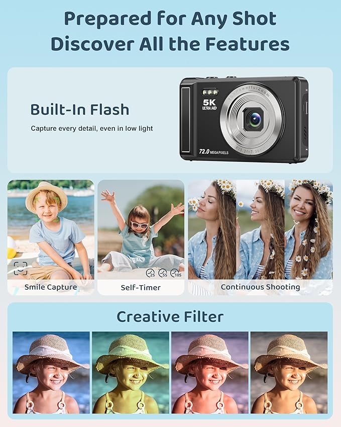 5K Digital Camera - 72MP UHD Digital Cameras for Photography - Autofocus Point and Shoot Small Camera with Flash for Kids - 2.8 Inch Screen Compact Portable Vlogging Camara with 16X Zoom, 32GB SD Card-CubbioJoy