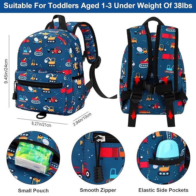 Accmor Toddler Backpack with Leash, Cute Baby Backpack with Anti Lost Wrist Link, Mini Kids Backpack Leash Walking Harness for Travel, Adjustable Excavator Backpack Tether for Boys Girls Ages 1-3-CubbioJoy