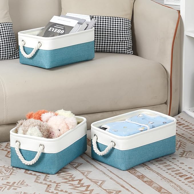 Bidtakay Small Storage Baskets for Shelves 3 Pack Fabric Storage Bins for Organizing Linen Collapsible Organizer for Closet-White&Teal-CubbioJoy