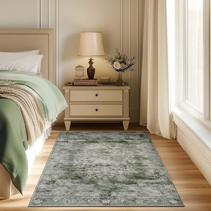 jinchan Green Floral 3x5 Area Rugs for Entryway - Machine Washable Vintage Distressed Design Low-Pile Soft Non-Shedding Carpet for Kitchen Bedside Laundry Living Room (3x5ft, Forest Green)-CubbioJoy