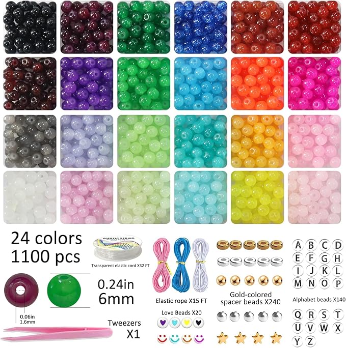 JULIMAIDONG 6mm Glass for Bracelets 1400pcs, 24 Colors Round Crystal Glass Bracelet Making Kit for Jewelry Making Kits Bead DIY Crafts with Spacer Charms Accessories (6mm, 24Color)-CubbioJoy