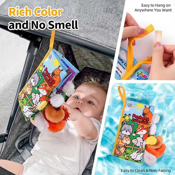 Jollybaby Baby Cloth Books, Touch & Feel Crinkle Soft Books, for Infants Babies, Toddler Early Educational Interactive Stroller Toys, Baby Girl & Boy Gift(Plush Tails)-CubbioJoy