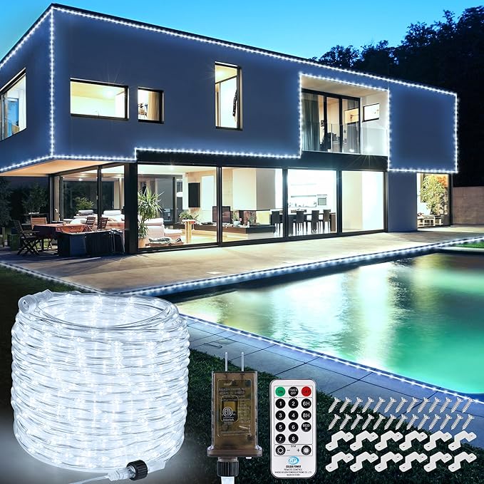 Connectable 66ft 800 LED Rope Lights Outdoor, Cool White Strip Lights Plug in, Outdoor String Lights Waterproof Decorative Lighting for Deck Patio Yard Garden Pathway Pool Camping Room Indoor Décor-CubbioJoy