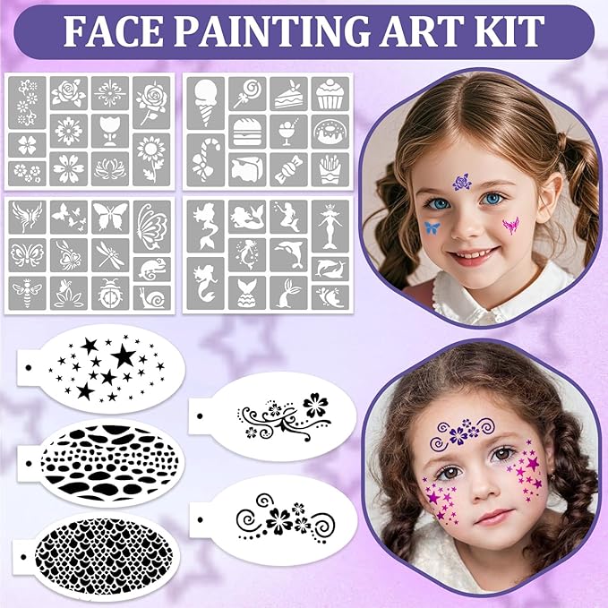 42 Colors Kids Face Painting Kit,Non Toxic Water Activated Face Paint Palette with 5 Reusable & 45 Sticky Stencils,11 Brushes,2 Gems.Ideal for Mardi Gras,Halloween,Christmas,makeup,Parties,Makeup etc.-CubbioJoy