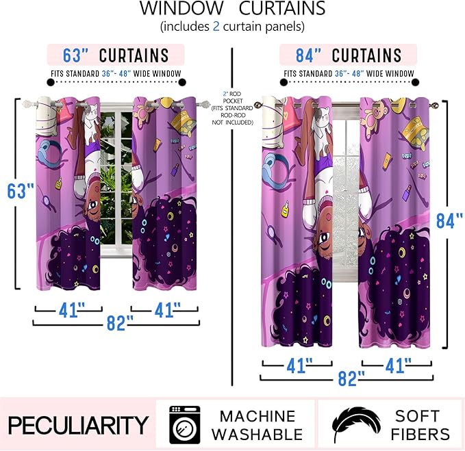 Cartoon Printed Curtains for Bedroom, 82 x 84 inches, Blackout, Grommet Top, 2 Piece Set, Girls Room Curtains, Thermal Insulated-CubbioJoy