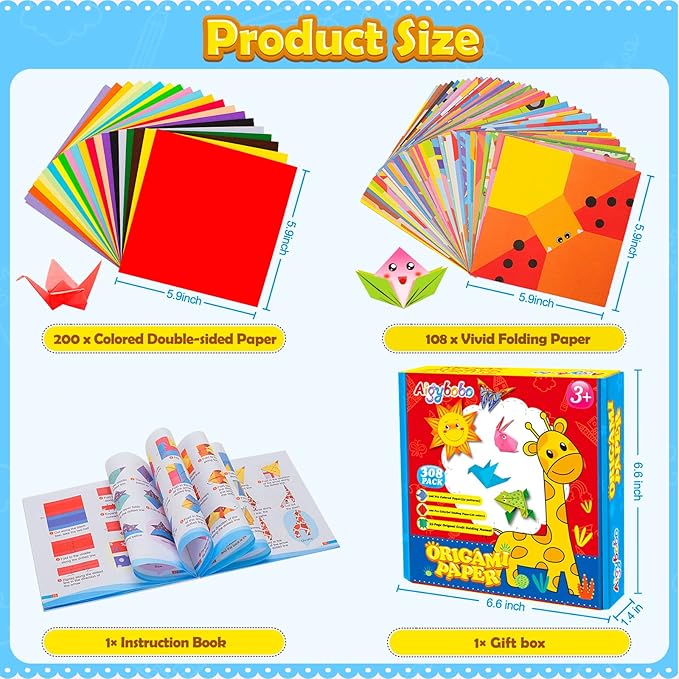 Aigybobo Origami Paper Set, 308PCS Kids Craft Paper Kit with Instructional Book for Girls Age 6,7,8,9,10,11,12, Art Projects Supplies for School Class Craft Lessons- Christmas Gifts for Boys&Girls-CubbioJoy