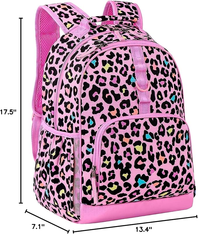 Choco Mocha Cheetah Backpack for Girls, Elementary School Backpack for Girls Ages 6-8 Kids Kindergarten Backpack Bookbag 17 Inch with Chest Strap, Pink-CubbioJoy