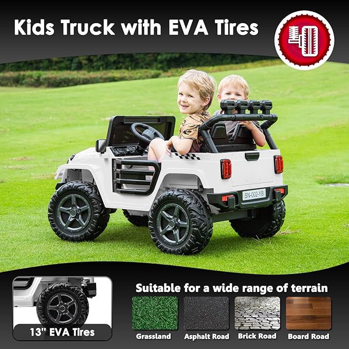 24V 2 Seater Ride On Truck with Remote Control 4WD Electric Car for Kids Ride On Car Battery Powered Ride On Toy Car with Music Player, LED Lights, Bluetooth, Rear Shock Absorber, White-CubbioJoy
