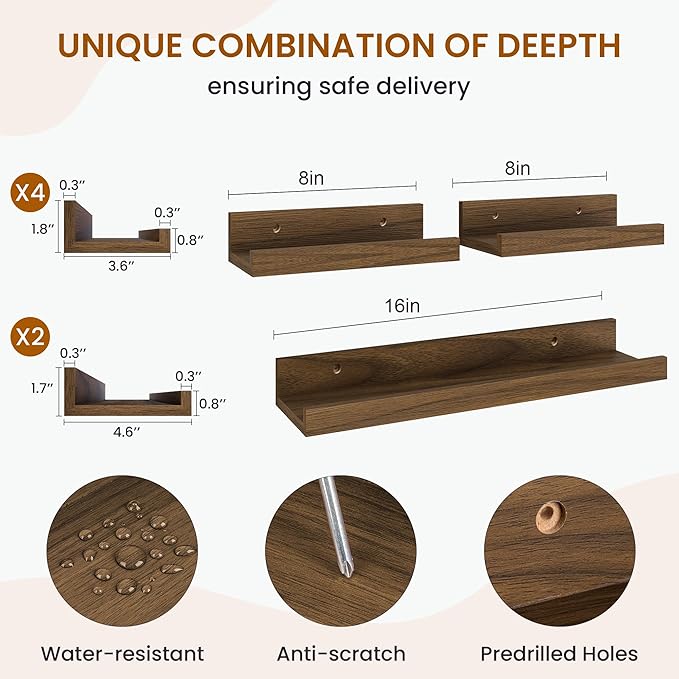 Axeman Picture Ledge Shelf, Floating Shelves for Wall Decor Storage Set of 6, 16 inch Floating Wall Mounted Shelves, Wall Shelves with Lip for Living Room, Bedroom, Nursery, Bathroom, Kitchen, Walnut-CubbioJoy