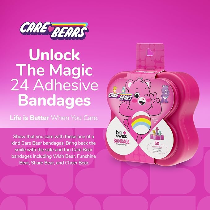 BioSwiss Care Bears Bandages, Unlock The Magic Care Bear Shaped Self Adhesive Bandage, Latex Free Sterile Wound Care, Fun First Aid Kit Supplies for Kids, 50 Count-CubbioJoy