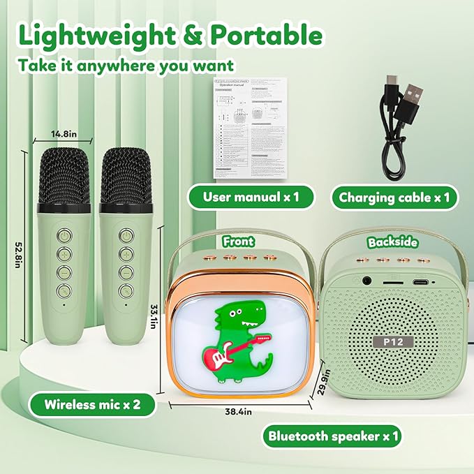 Dinosaur Karaoke Machine for Kids, Portable Mini Karaoke Machine with 2 Wireless Microphones, 4 5 6 7 8 9 10 Years Old Girl Boy Easter Christmas Birthday Gift Colorful Lighted Speaker Toys-CubbioJoy
