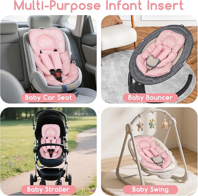 Infant Car Seat Insert for Newborn Girls Boys, Summer Mesh Baby Carseat Head Support with Strap Pads, Soft Reversible Baby Car Seat Insert Cushion Pad for Car Seat, Stroller, Bouncer, Swing, Pink-CubbioJoy