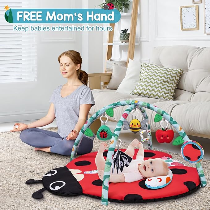 Jyusmile Baby Play Gym Mat, 8-in-1 Tummy Time Mat with 6 Toys, Washable Baby Activity Mat for Visual, Hearing, Sensory, Motor Development, Baby Essentials Gift for Newborn Infant 0-3-6-9-12 Months-CubbioJoy