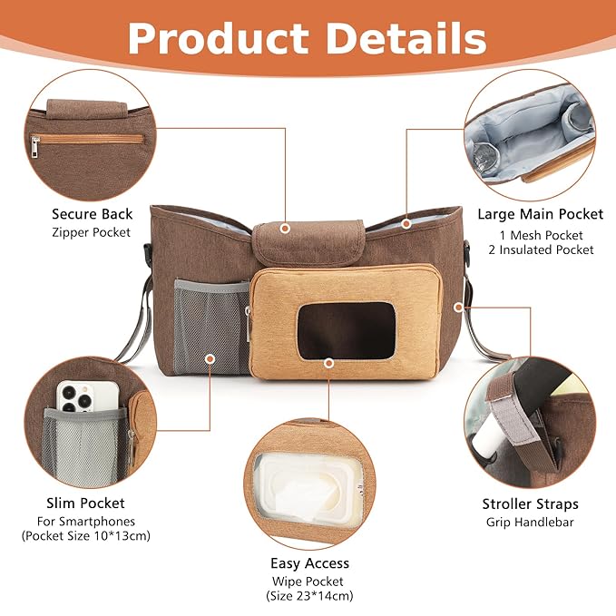 Accmor Universal Stroller Organizer with Insulated Cup Holder, Stroller Caddy Bag Accessories, Stroller Cup Holder Organizer for Uppababy Baby Jogger Britax Stroller, Brown-CubbioJoy