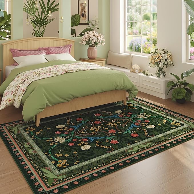 Area Rugs 8x10 for Living Room Clearance Washable Vintage Floral Botanical Rug Non Slip Low Pile Large Rug for Bedroom, Farmhouse, Dining Room, Kids Playroom, Green-CubbioJoy