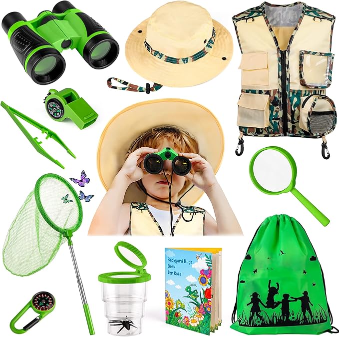 INNOCHEER Kids Explorer Kit & Bug Catcher Kit & Safari Costume Kit, Outdoor Exploration Set with Hat, Vest, Butterfly Net and Bugs Book for Boys Girls 3-12 Years Old (Camouflage Green)-CubbioJoy